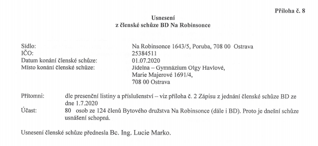 Usnesení z členské schůze BD Na Robinsonce 1.7.2020